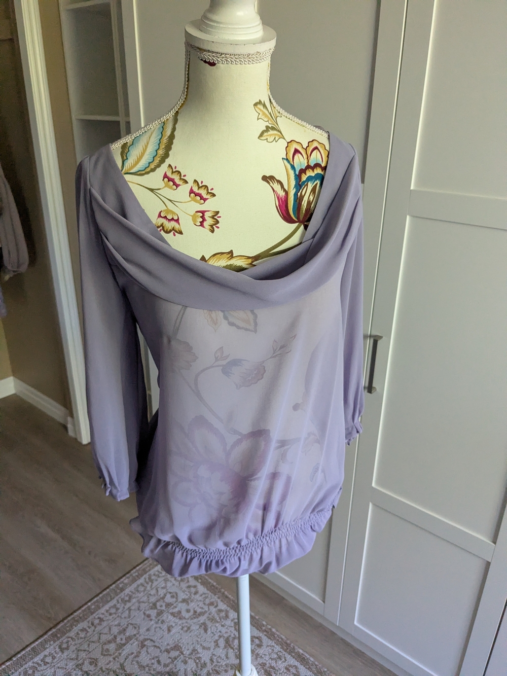 RW&CO. Light Lavender Floral Sheer Cowl Neck Blouse